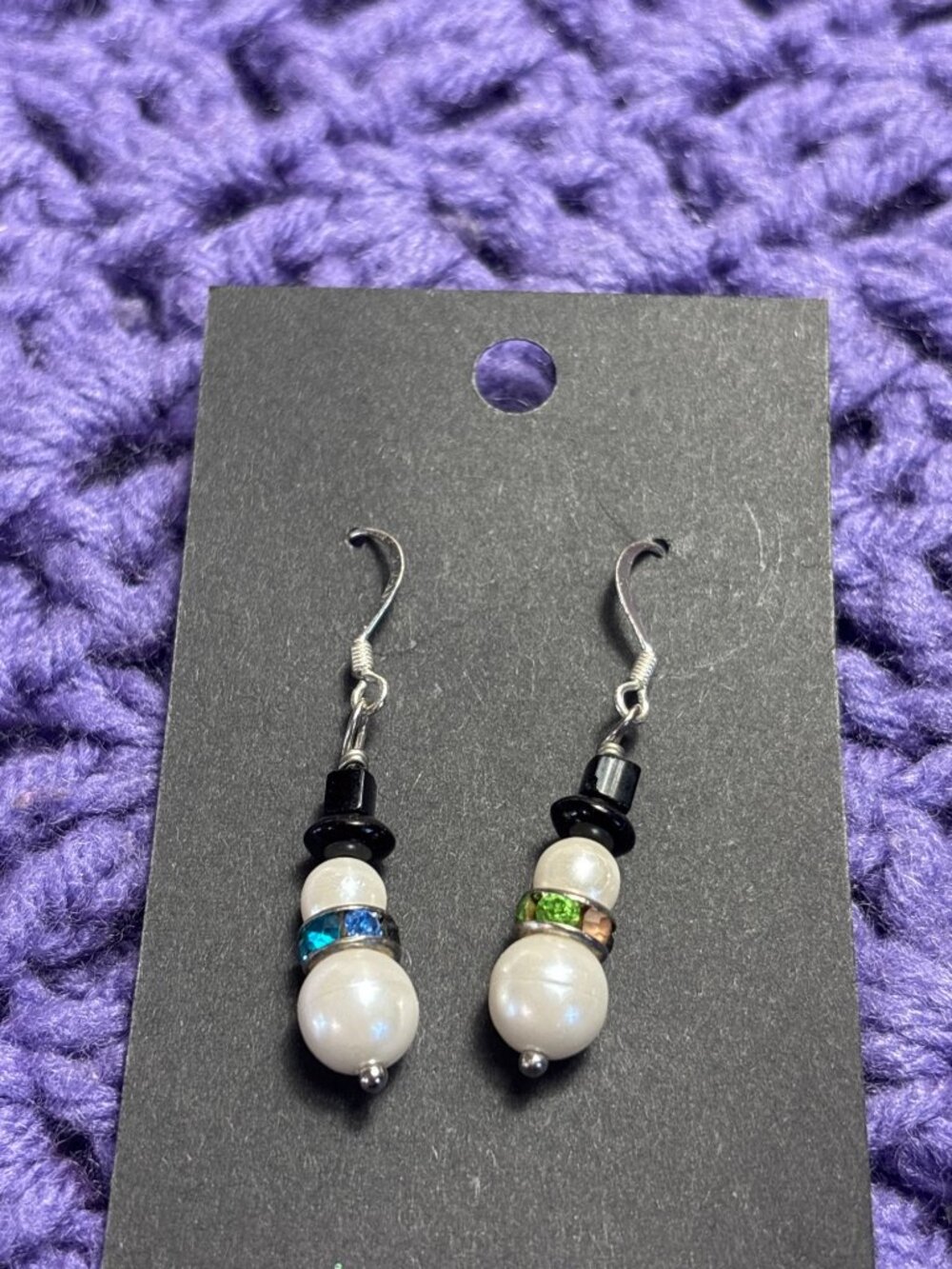 Faux Pearl Snowman Dangle Earrings Top Hat Multicolor Rhinestones 1 inch